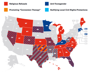 Map of "religious freedom", "conversion therapy", and anti-trans laws, as well as civil rights preemption laws, as of late 2015. (c) Human Rights Campaign.